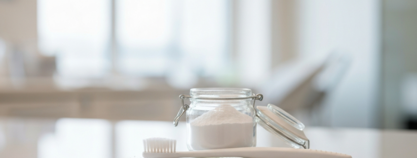 Bicarbonate de soude et brosse à dents souples présentés en cabinet à Genève