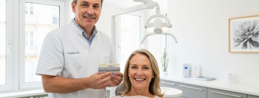 Blanchiment dentaire à Genève : teinte des dents comparée en cabinet Névé