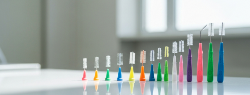 Jeu de brossettes interdentaires de différentes tailles ISO sur fond clair
