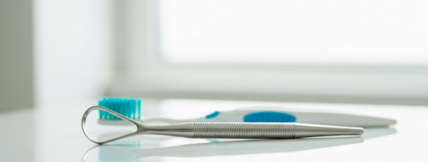 Gratte-langue en acier inoxydable pour nettoyer sa langue, présenté en cabinet à Genève