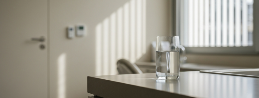 Verre d'eau en cabinet dentaire à Genève illustrant l'hypersalivation
