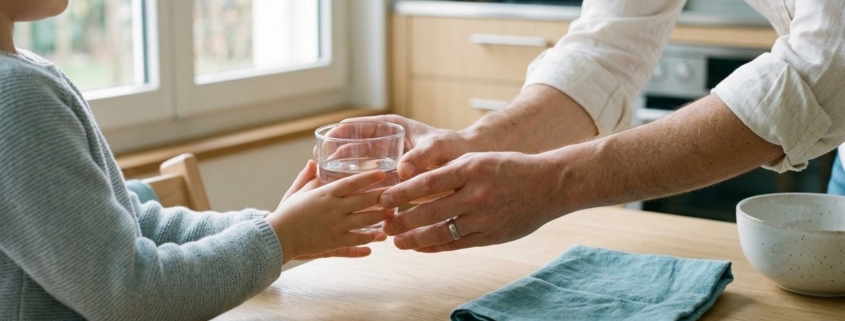 Parent tendant un verre d'eau à un jeune enfant assis à table