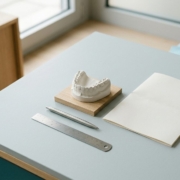 Modèle dentaire en plâtre et document posés sur un bureau clair