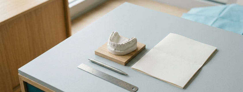 Modèle dentaire en plâtre et document posés sur un bureau clair