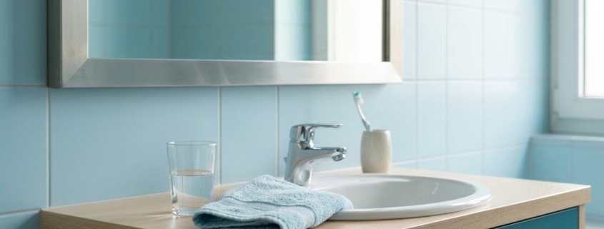 Lavabo de salle de bain avec verre d'eau et brosse à dents