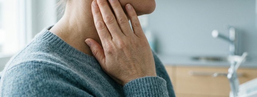 Main posée contre la mâchoire, signe d'une ouverture de bouche limitée