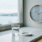 Verre d'eau et comprimés près d'une horloge murale