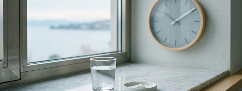 Verre d'eau et comprimés près d'une horloge murale