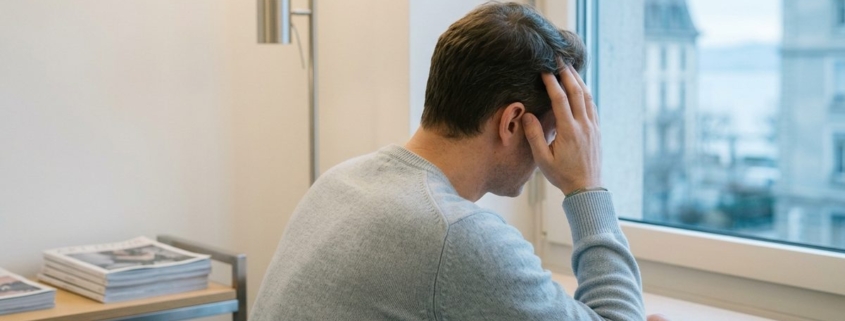 Personne assise près d'une fenêtre, main à la tempe, douleur du visage