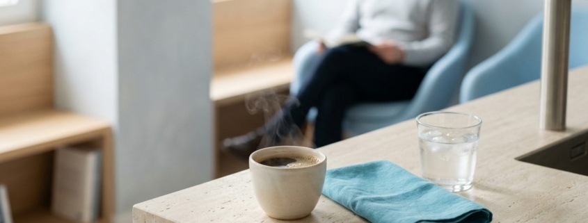 Tasse de café chaud et verre d'eau glacée sur un comptoir clair