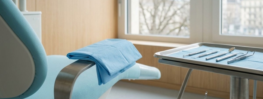 Fauteuil de soins dentaires et plateau d'instruments dans une salle calme