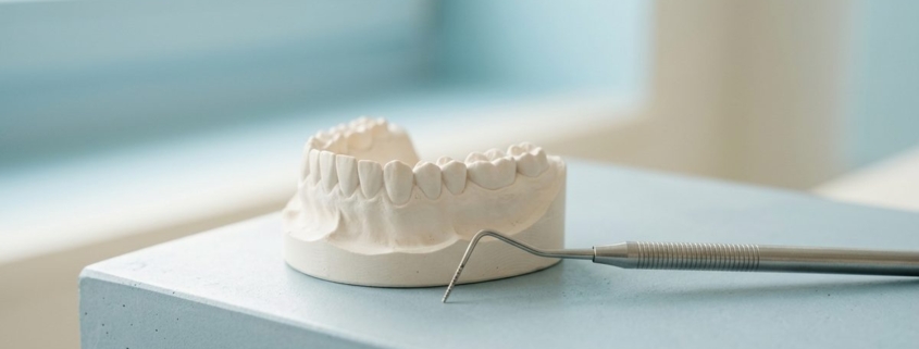 Modèle dentaire en plâtre et sonde parodontale posés côte à côte