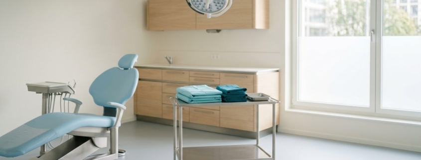 Salle de petite chirurgie dentaire préparée, champs bleus pliés
