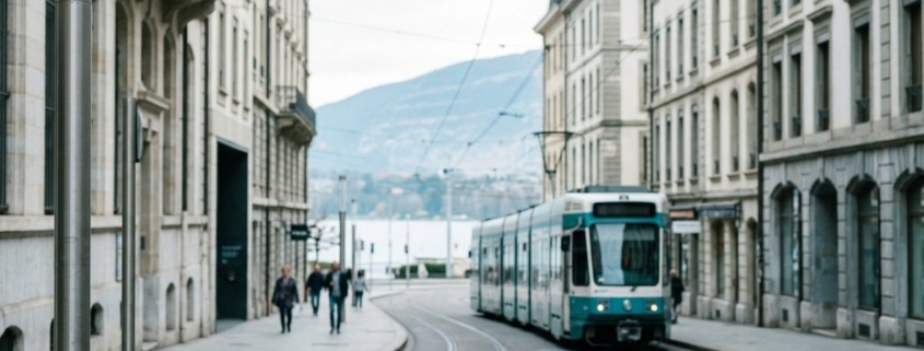 Rue de Genève avec tramway, façades de pierre et lac au loin