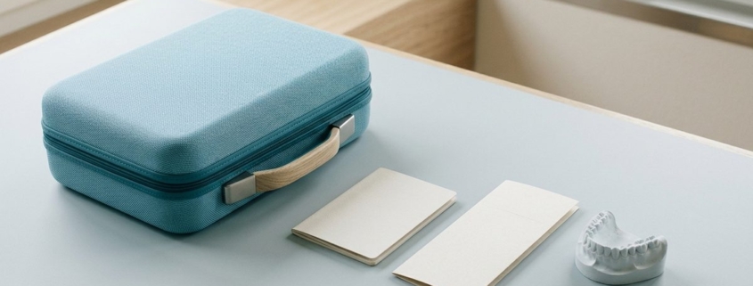 Petite valise de voyage, carnet et modèle dentaire sur fond clair