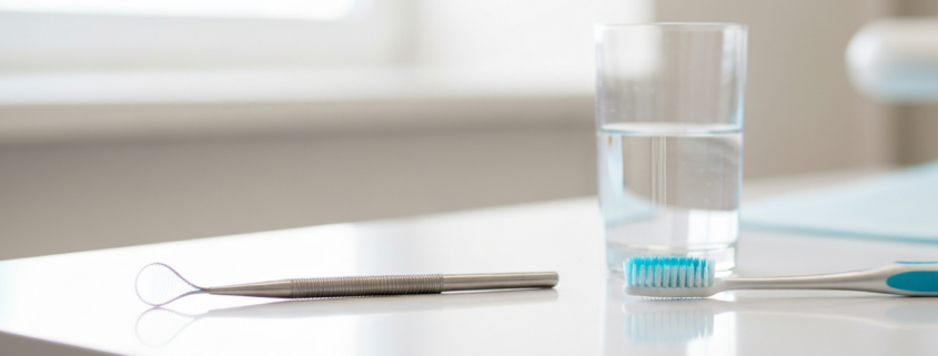 Gratte-langue et brosse à dents pour traiter une langue blanche