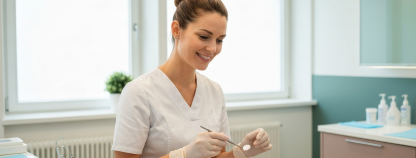 Examen des muqueuses avec un miroir dentaire pour dépister une leucoplasie, en cabinet à Genève
