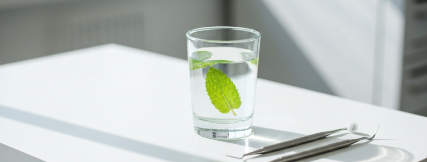 Verre d'eau et feuille de menthe évoquant une haleine fraîche, en cabinet à Genève